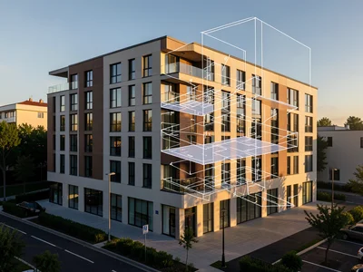Modern building with one section shown as 3D exploded axonometric blueprint