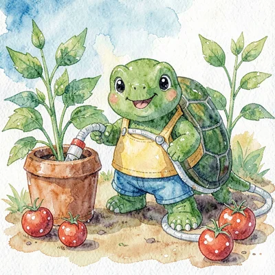 A friendly turtle gardener with torn-paper hose watering crayon polka-dot tomato
