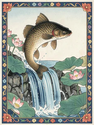Carp leaping upward through a cascade of water with lotus pads