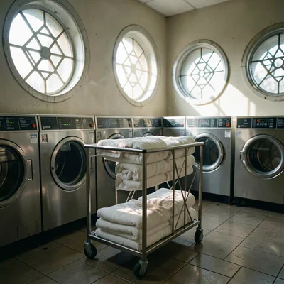 Rolling cart loaded with fresh warm towels in soft light