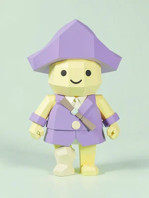 Hatted butter-yellow lowpoly pirate character with chunky lavender hat and a fac