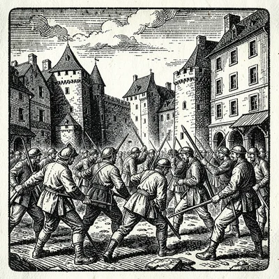 Soldiers besieging a walled city