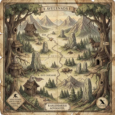 Fantasy map illustration, a haunted forest map with witch huts, standing stones,