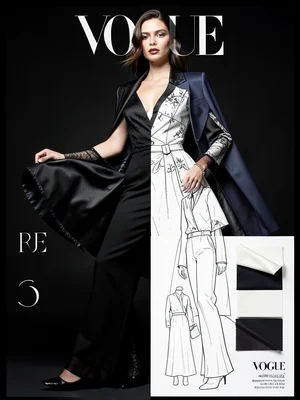 Model photograph where clothing transforms into fashion design sketch with fabri