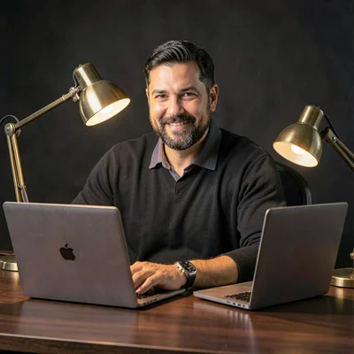 Studio portrait of an instructor seated at a desk lit by a brass desk lamp, two