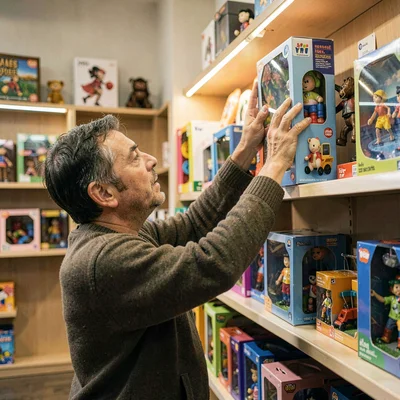 Vertical portrait of a shopkeeper reaching up for a high boxed toy on a shelf