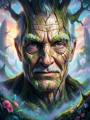 Elder's face composed of tree bark textures, wise expression, lichen as eyebrows