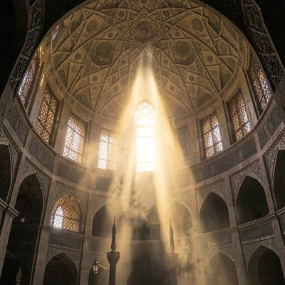Islamic Cairo geometry, medieval city light, dome interior with geometric patter