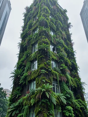 Skyscraper covered entirely in moss and ferns, windows peeking through greenery,