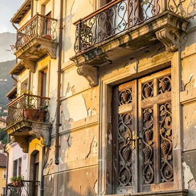Crumbling Art Nouveau balconies in golden Tbilisi light, carved wooden door deta