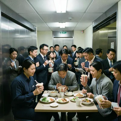 Elevator cramming with office workers holding takeout containers