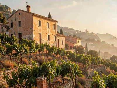 Vine-covered terraced vineyard meeting an old lime-washed farmhouse wall, dry wa