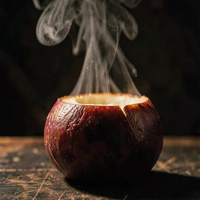 Close-up of a cut boule with steam rising, deep darks behind