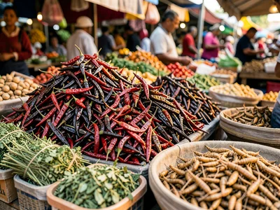 A Mexican market: pyramids of dried chilies in red, brown, and black, bunches of
