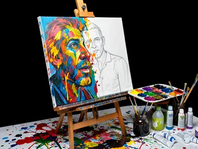 A painter's canvas on an easel with a painting roughly 60% complete — the left s