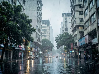 Rain sheets across urban canyon