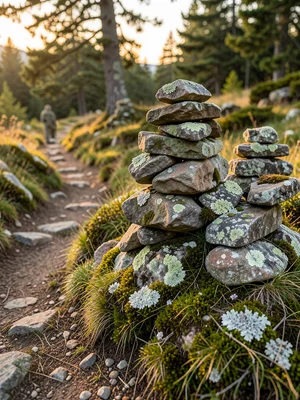 Stone cairn beside summer hiking trail, lichen and moss growth, warm light