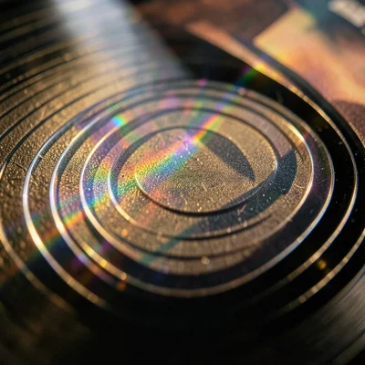 Picture disc vinyl, printed image visible through clear vinyl, grooves cutting a