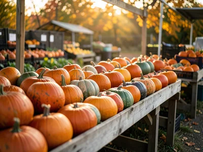 Rows of pumpkins at farm stand, varying sizes and shapes, autumn afternoon