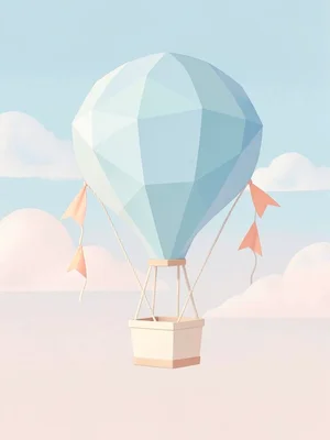 Floating sky-blue faceted lowpoly hot-air balloon with peach pennants and a crea