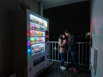 Couple sharing vending machine candy on motel balcony, the glow through curtains