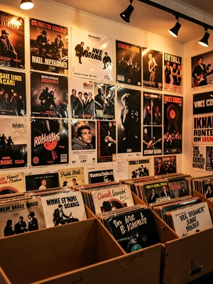 Layered concert flyer wall behind counter