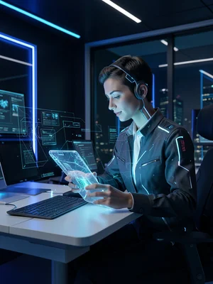Person using a transparent tablet device in a futuristic office