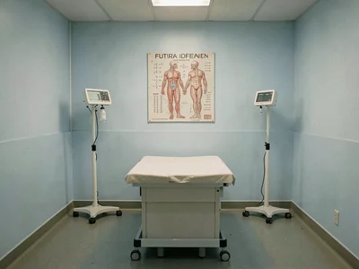 Examination room with centered exam table, powder blue walls, anatomical chart h