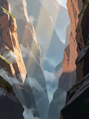 Dolomite gorge with a slim sunbeam through swirling mist, warm peach on cliff fa