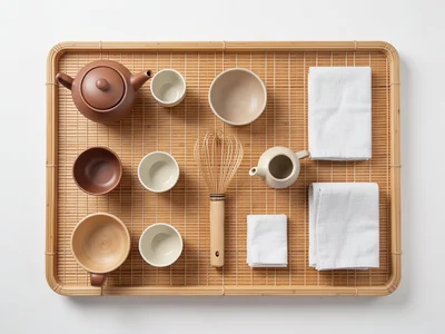 A tea ceremony set: teapot, cups, scoop, whisk, chakin cloth, all on a bamboo tr