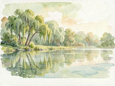 A painterly open expanse of slow water meets a far line of moss-draped trees und