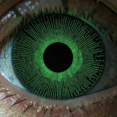A human eye extreme close-up in ASCII, the iris a radiating fan of character den