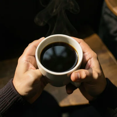 Two hands cupping a mug of black coffee, seen from above, the dark surface refle