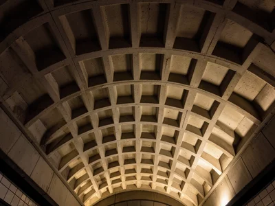 A Washington DC Metro station ceiling showing the famous waffle-pattern coffered