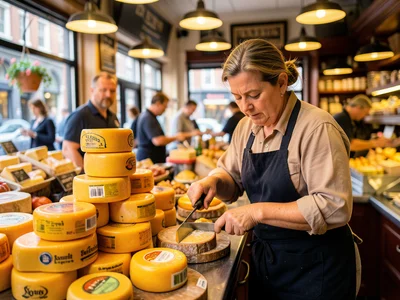 A cheese shop in Amsterdam, wheels of Gouda stacked in pyramids, the vendor cutt
