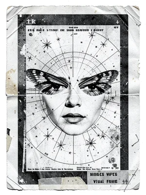 A cut-out magazine face with eyes replaced by moth wings, pasted over a photocop