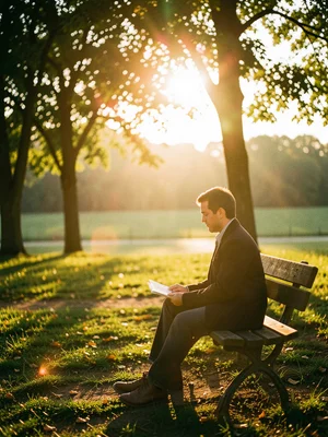 Person reading on a park bench, dappled golden light through trees, late afterno