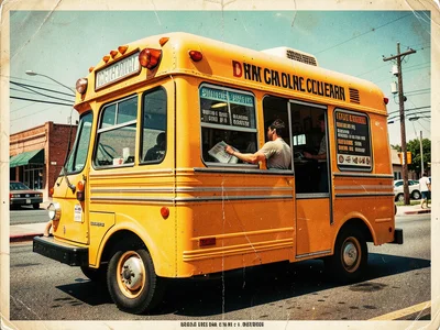 Ice cream truck window with menu board, person ordering, sunny street