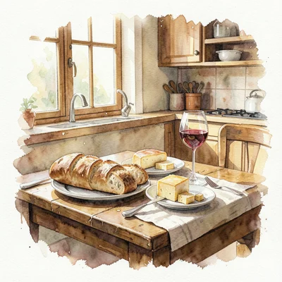 A farmhouse kitchen table with bread, cheese, and wine, afternoon light from a w
