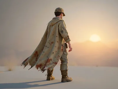 Standing fully turned away a wanderer looks toward a soft warm horizon, frayed c