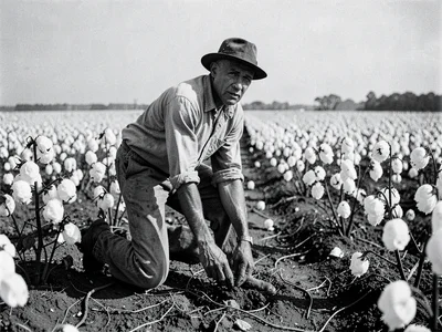 Field hand bending to work in a cotton row — full figure, flat open landscape st