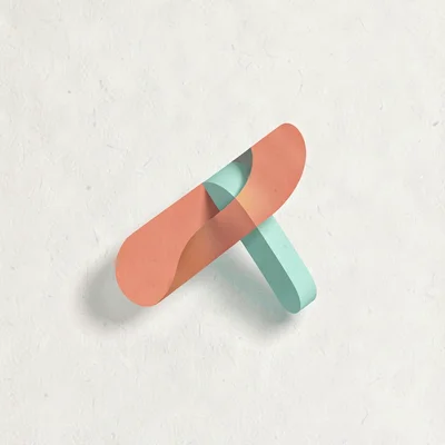 small abstract chord-shape simplified into three intersecting coral and mint arc