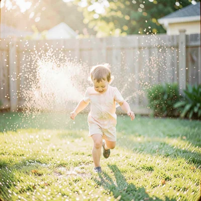 Child running through sprinklers in backyard