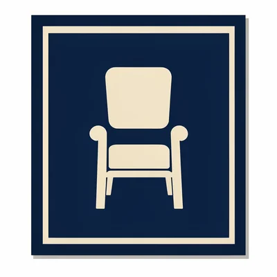 Bold blockcolor og card of a rug with a chair silhouette in flat planes, navy an