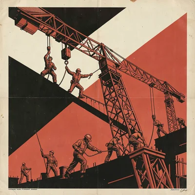 Soviet constructivist poster illustration, construction workers building with cr