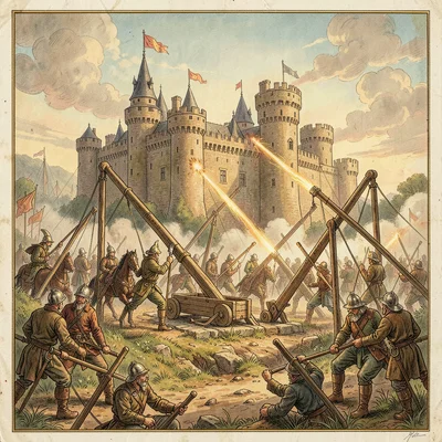 A castle siege with catapults firing