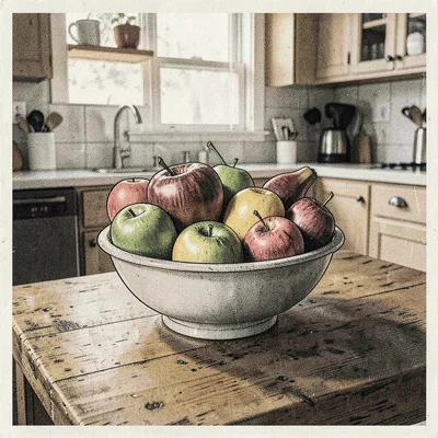 Risograph-style illustration, fruit bowl on kitchen table , spot color layer sim