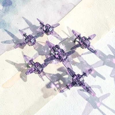 Cluster of amethyst lowpoly drones hovering in a tight formation with violet fac