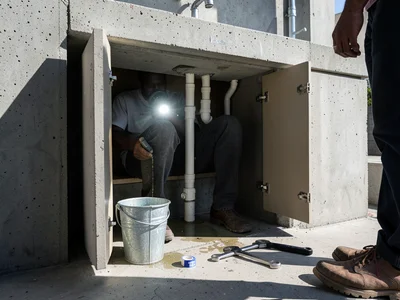 A plumber under a kitchen sink, their upper body inside the cabinet with only le