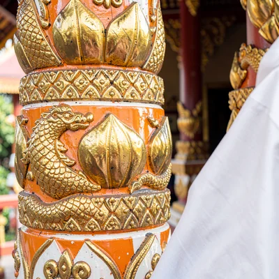 Lanna temple detail, Chiang Mai sacred ornament, lotus bud carving in gold lacqu